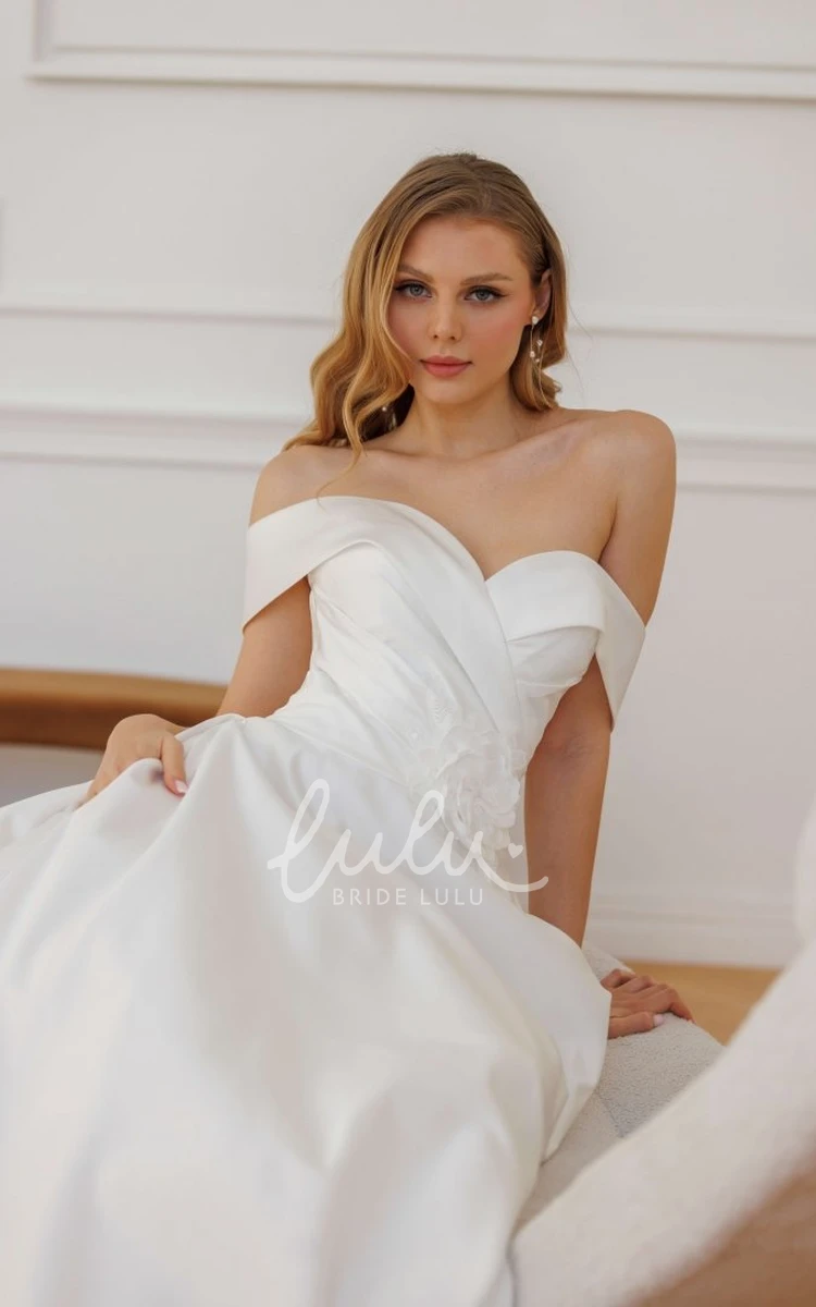 Modern Off-Shoulder A Line Solid Satin Wedding Elegant Sweetheart Floral Ball Gown with Chapel Train