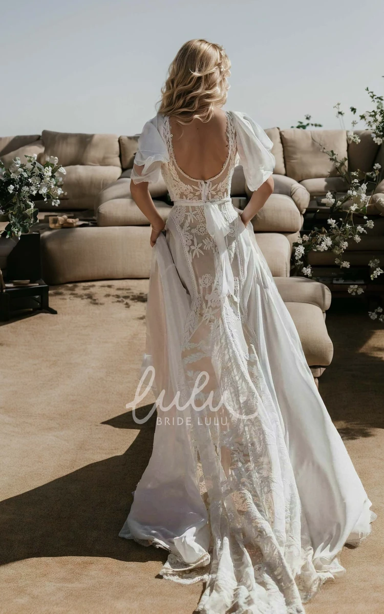 Elegant Floral A-Line Boho Lace Short Flutter Sleeve Wedding Dress Vintage Modest Flowing V-Neck Court Train Illusion Back Bridal Gown