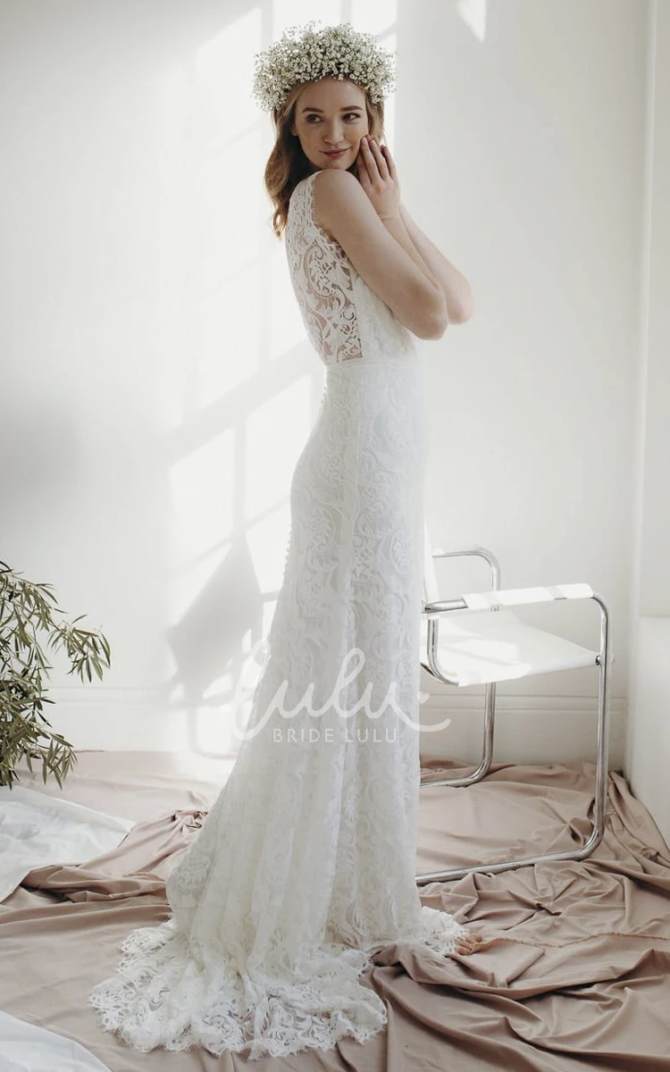 Lace Sheath Deep V-neck Wedding Dress with Cap Sleeves and Court Train