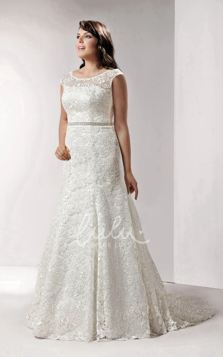 Sheath Wedding Dress with Lace Caped-Sleeves and Brush Train