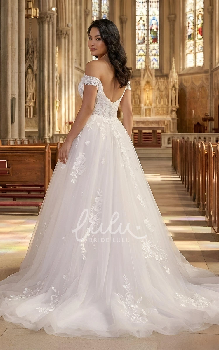 A-Line Plus Size Lace Wedding Dress Off-The-Shoulder Tulle Train Ball Gown
