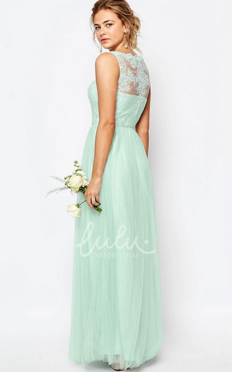 A-Line Lace Tulle Bridesmaid Dress Sleeveless Ankle-Length Bateau Neck