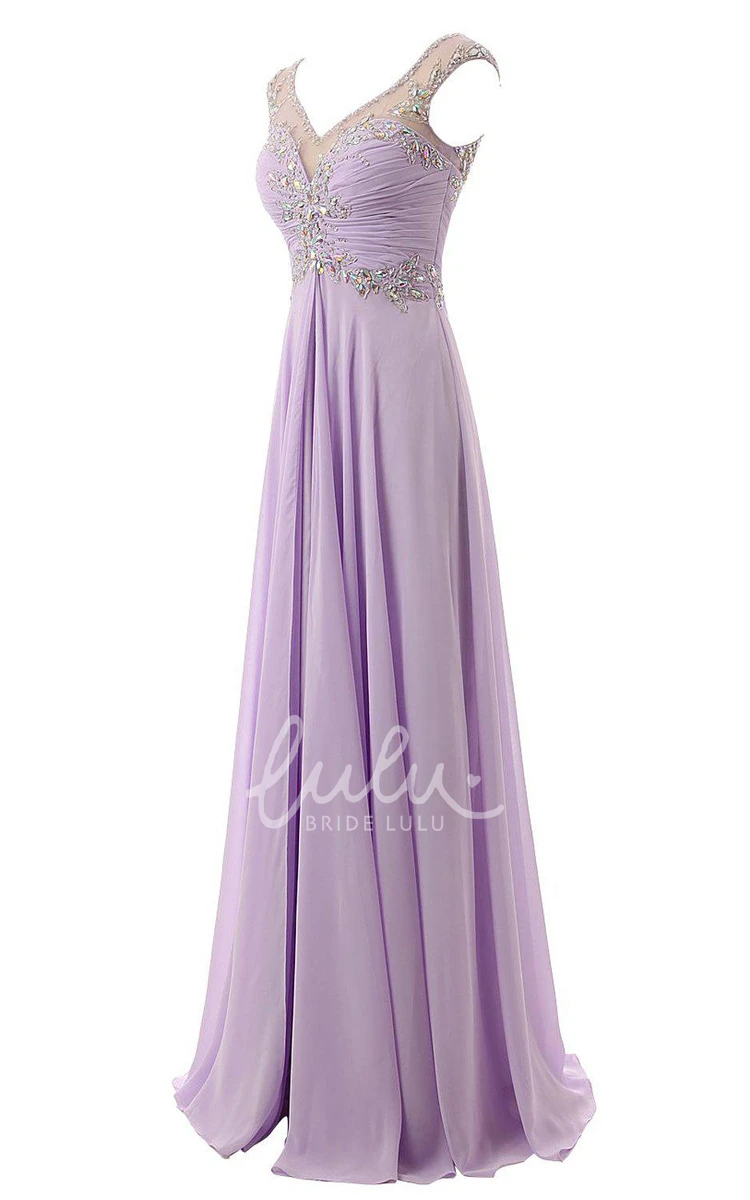 Long Beaded Illusion Prom Dress with Cap Sleeves Elegant