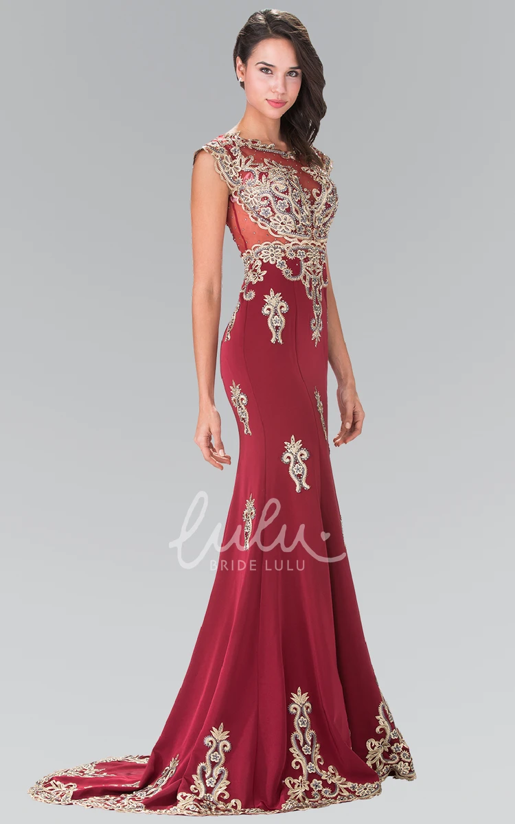 Scoop-Neck Cap-Sleeve Jersey Formal Dress With Appliques and Beading Trumpet Style