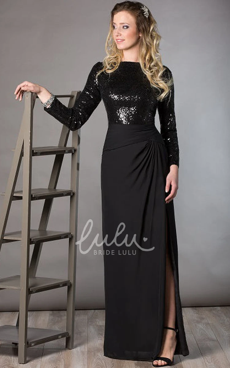 Sequin Chiffon Mother Of The Bride Dress with Bateau Long Sleeve & Side Split