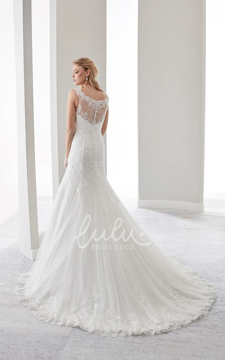 Lace Wedding Dress with Brush Train Cap Sleeves and Illusive Neckline and Back