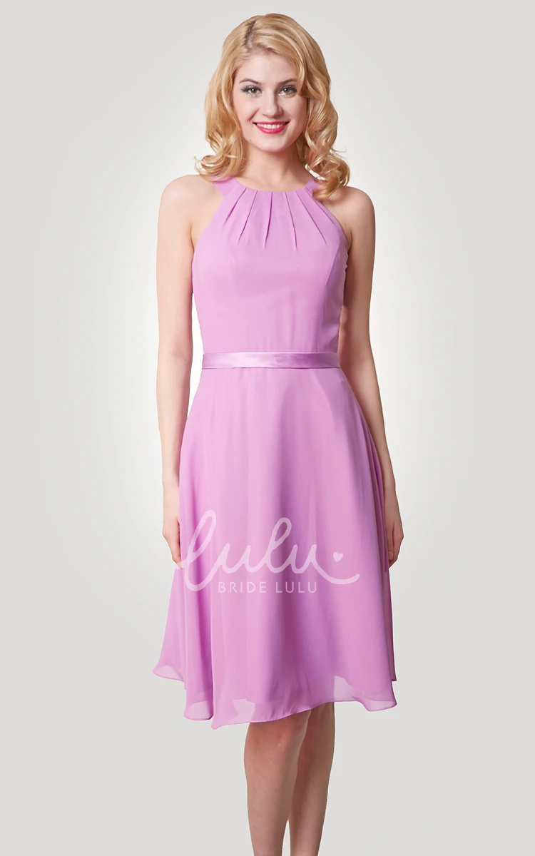 Knee Length A-Line Chiffon Dress with Straps and Satin Bow Sash for Women