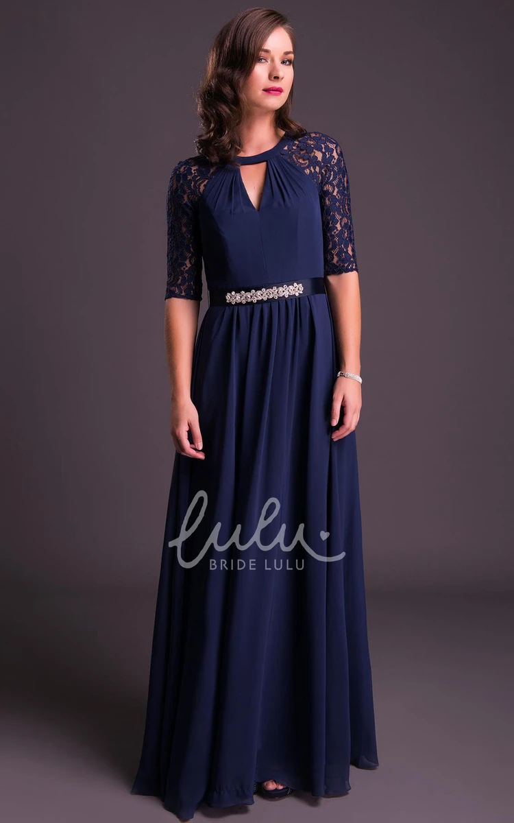 Appliqued Chiffon Waist Jewellery Prom Dress A-Line Half-Sleeve Floor-Length With Bow