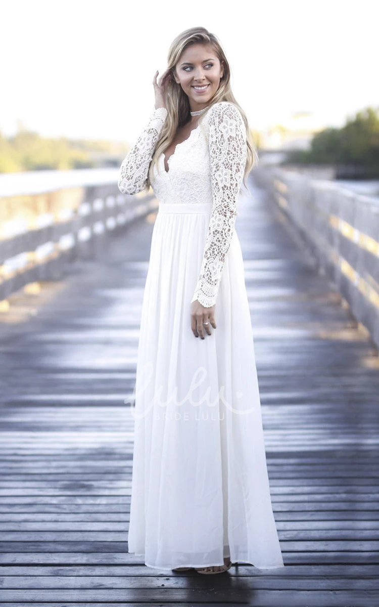 Bohemian Lace A-line Beach Wedding Dress with Long Sleeves