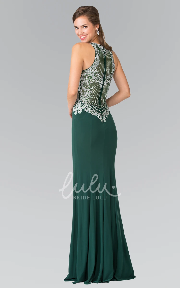 Jewel-Neck Sleeveless Jersey Prom Dress With Beading and Sequins Long Sheath Style