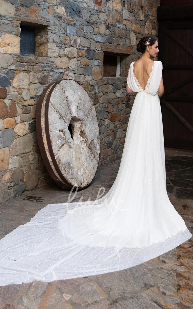 Satin Bateau A-Line Wedding Dress with Lace and Deep-V Back Bohemian Style