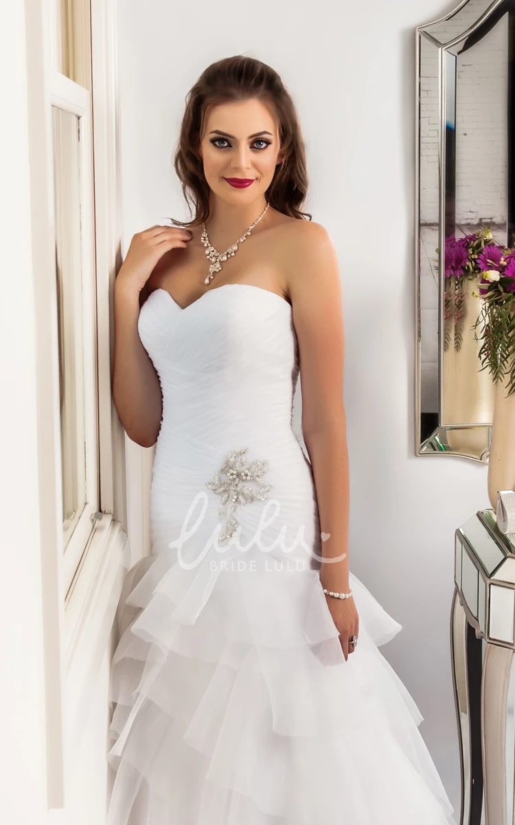 Ruched Sweetheart Tulle Floor-Length Wedding Dress with Beading and Tiers Classic Bridal Gown