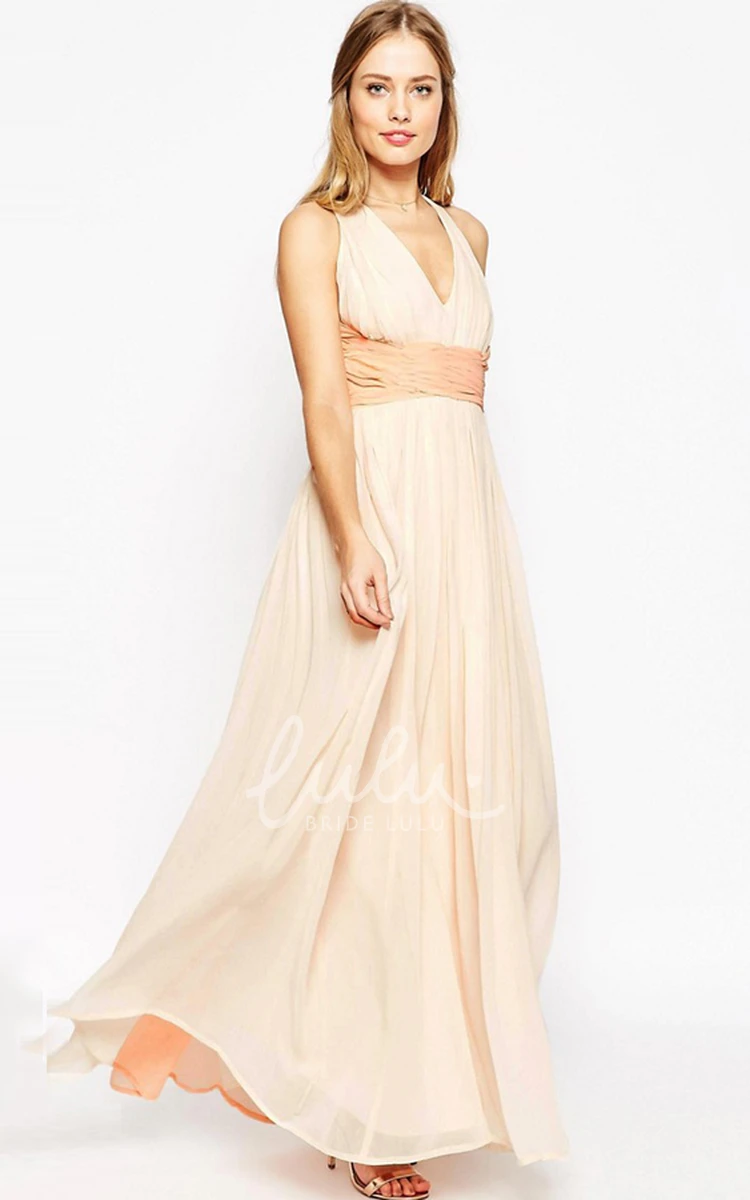 Sleeveless Chiffon Bridesmaid Dress with Pleats and Straps V-Neck