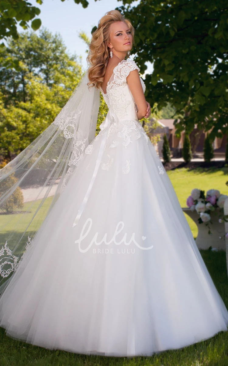 Appliqued Tulle Wedding Dress Ball Gown Cap Sleeve Bateau Neck