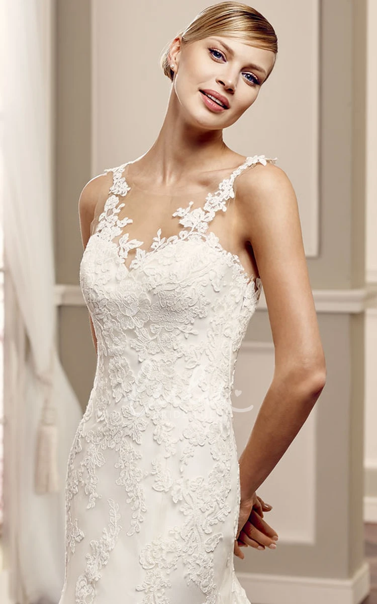 Long Sleeveless Lace Wedding Dress with Illusion and Court Train Scoop Neckline