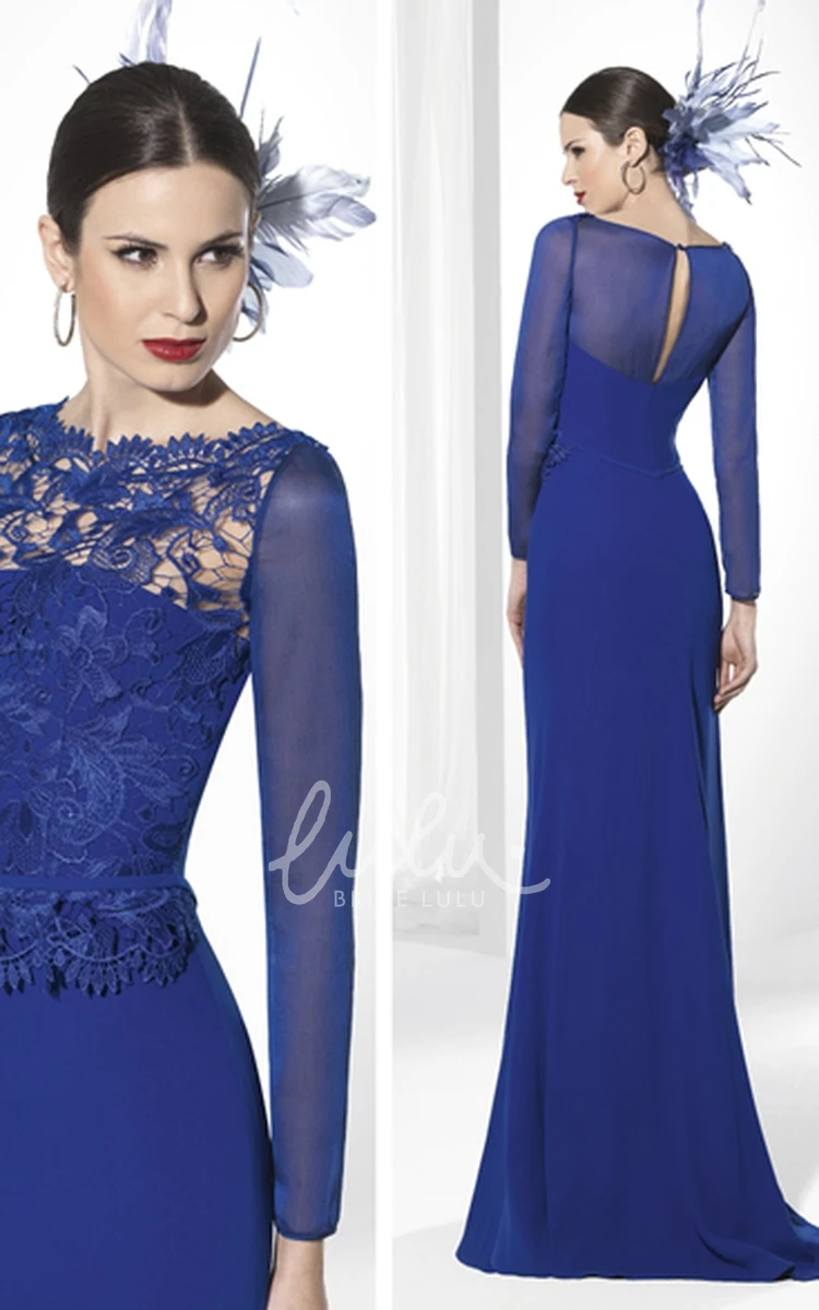 Long-Sleeve Jersey Prom Dress with Appliques Floor-Length Jewel-Neck