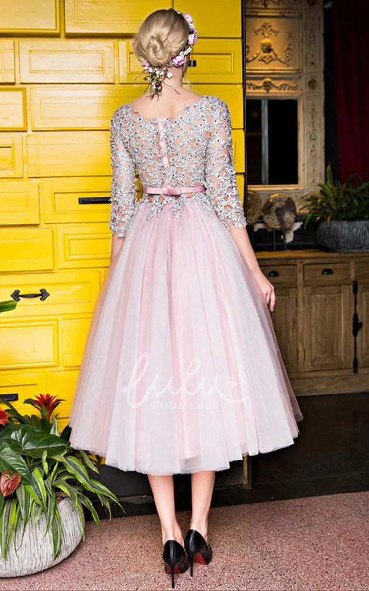 Tea Length Tulle Dress with Lace Sleeves Scoop Neck & 3-4 Sleeves