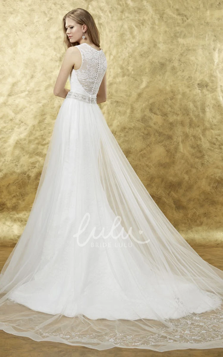 Tulle Appliqued Wedding Dress with Illusion Straps and Waist Jewelry Long Elegant