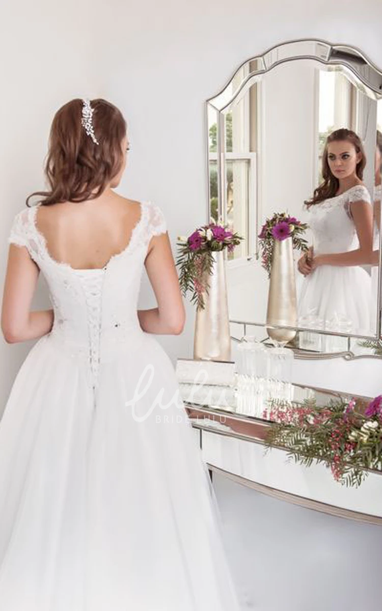 Beaded Tulle Wedding Dress with Appliques Cap-Sleeve Ball Gown with Scoop Neckline