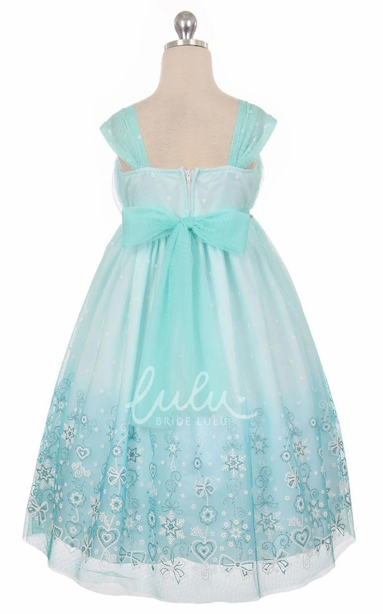 Floral Pleated Tulle Tea-Length Flower Girl Dress with Beading Elegant Bridesmaid Dress