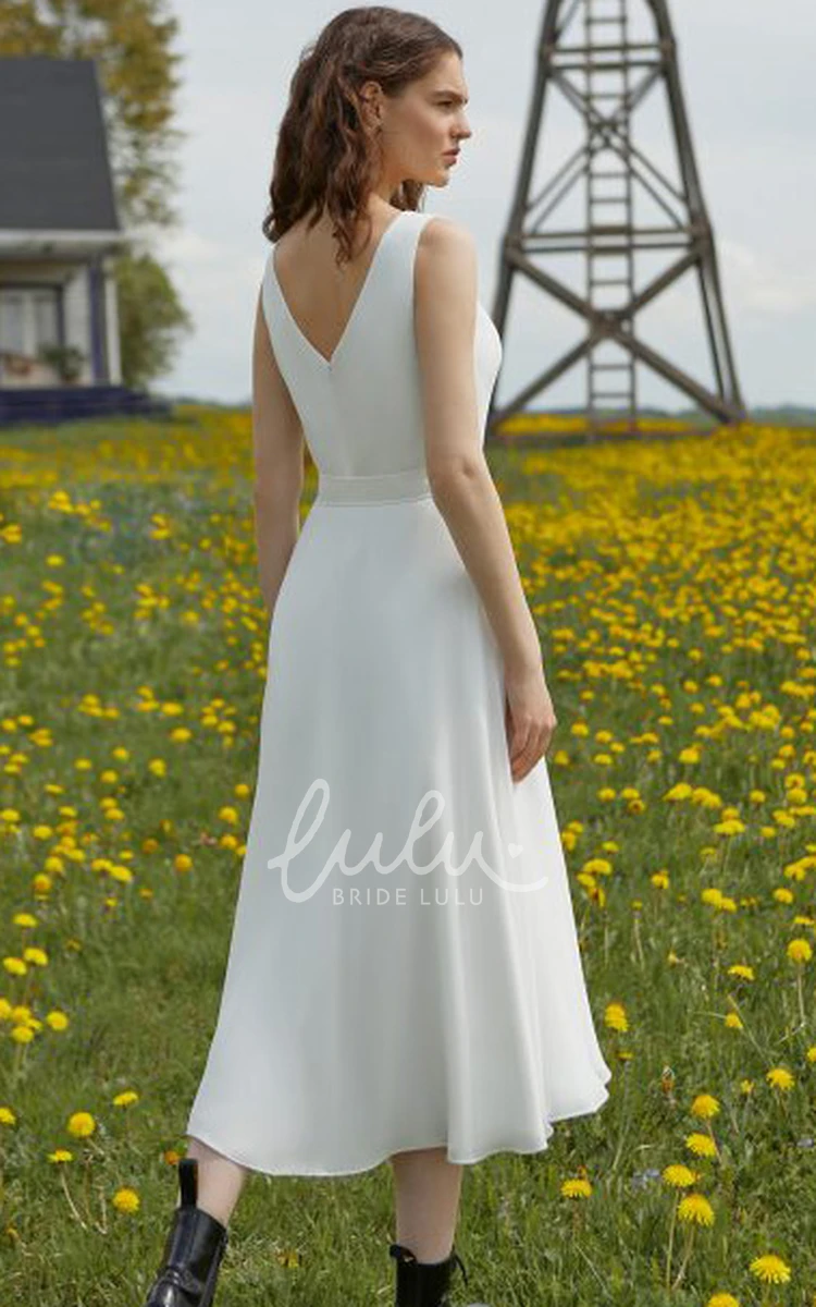Vintage Chiffon Sleeveless A Line Wedding Dress with Tea-length and V-neck Boho Wedding Dress
