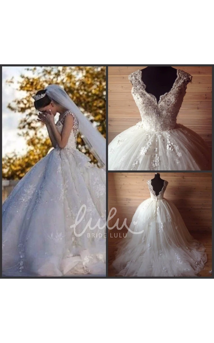 Floral Lace Ball Gown with Scalloped Neck Cap-Sleeved and Luxurious