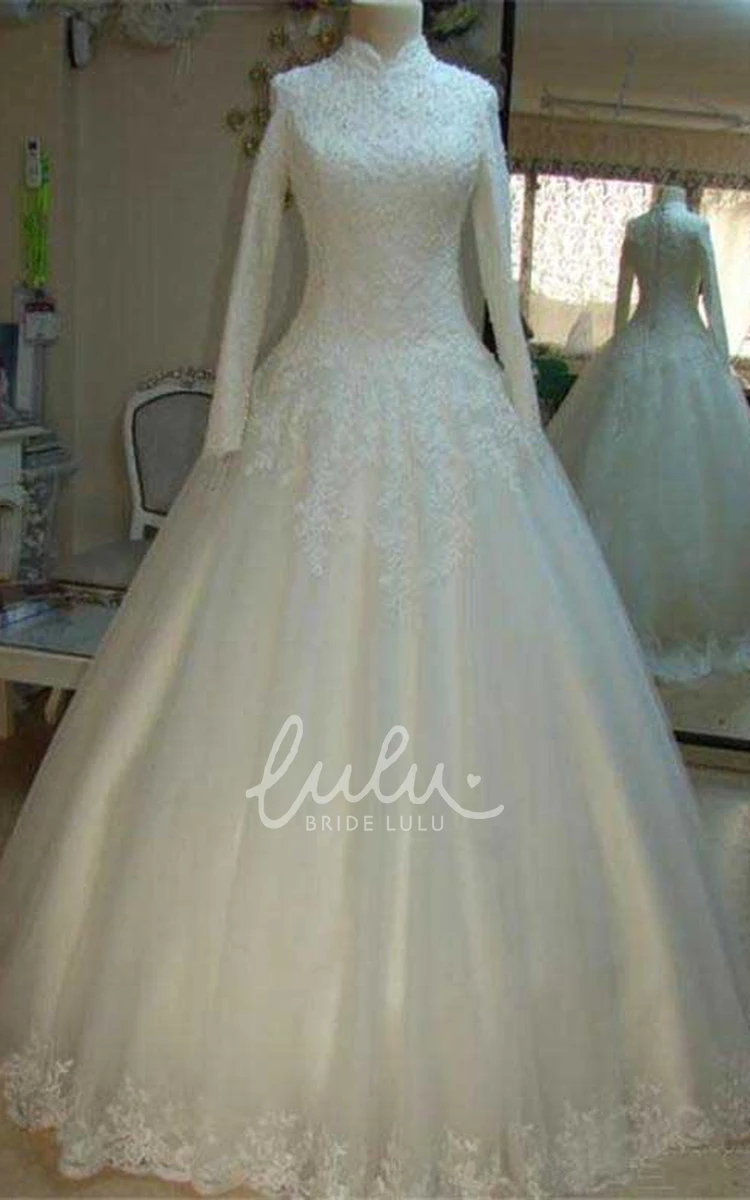 Lace Tulle Ball Gown Wedding Dress with High Neck Zipper