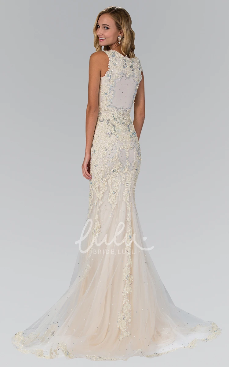 Jewel-Neck Sleeveless Sheath Bridal Gown with Tulle Skirt Beading and Appliques