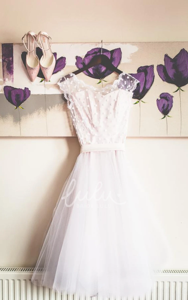 Tea-Length Tulle Lace Wedding Dress with Cap Sleeves in 1950s Style