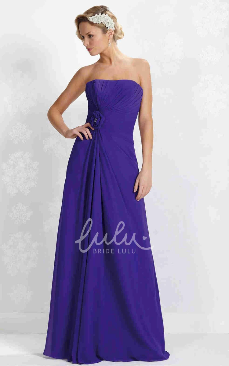 Strapless Ruched Chiffon Bridesmaid Dress with Flower & Lace-Up Maxi