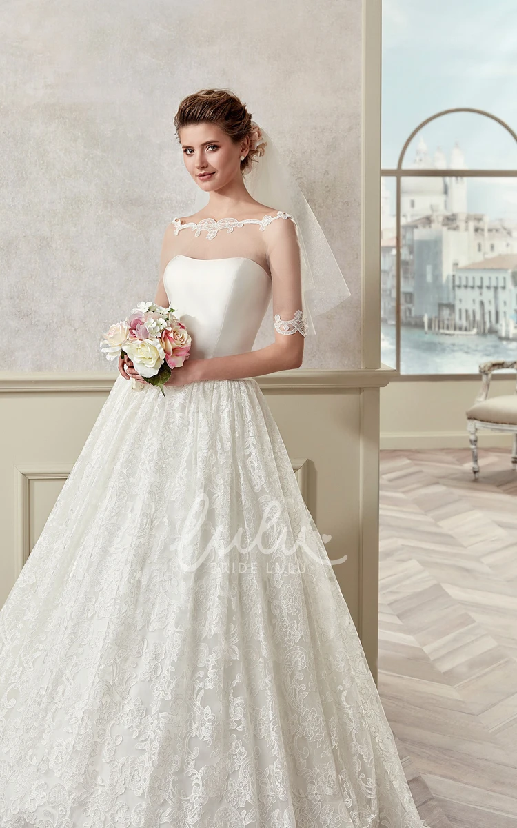 Off-Shoulder A-Line Wedding Dress with Half Sleeves and Illusion Design