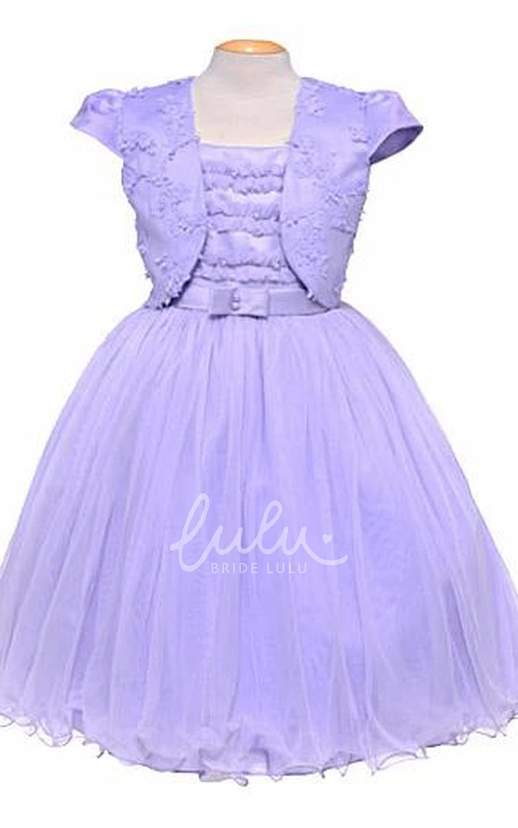 Tulle Flower Girl Dress with Embroidery & Bow Tea-Length Wedding Dress