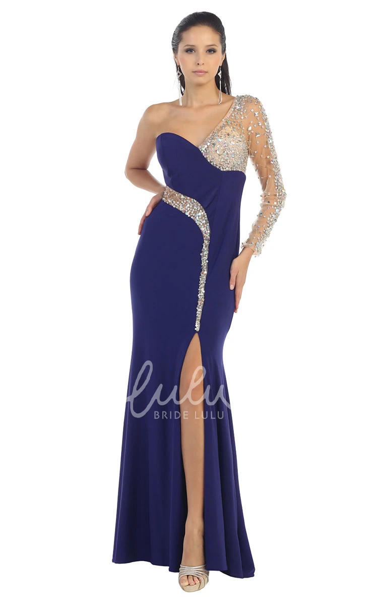 Sheath Illusion Jersey Dress with Beading and Split Front Prom Dress