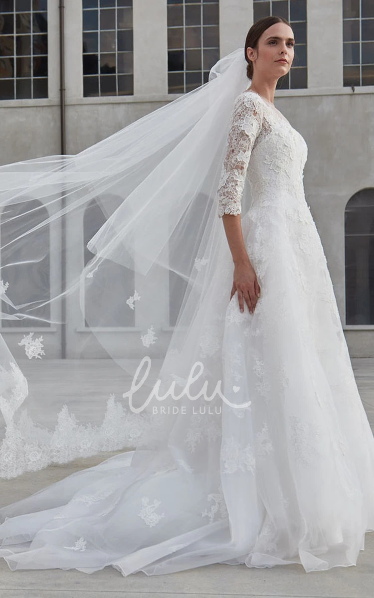 A Line Lace Wedding Dress with Jewel Neck and Button Back Romantic Wedding Dress
