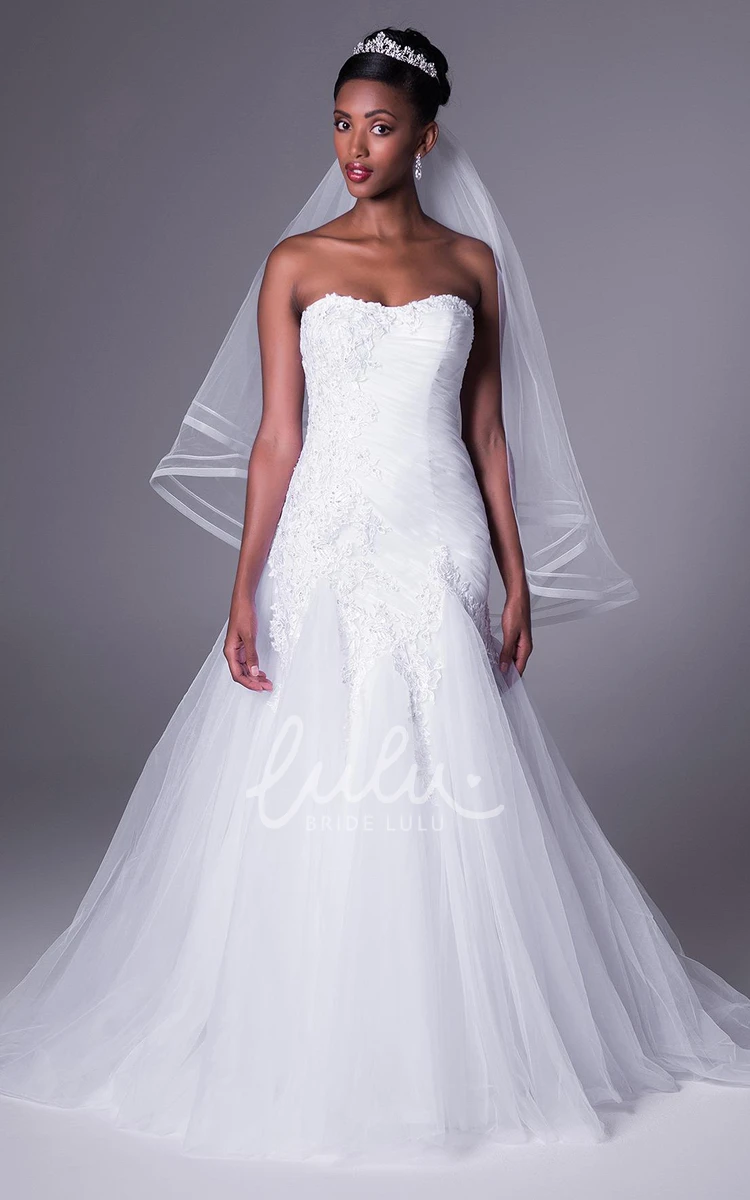 Strapless Tulle Trumpet Wedding Dress with Appliques Ruching and Corset Back