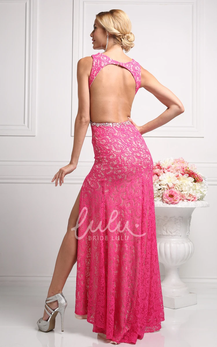 Backless Lace Sheath Jewel-Neck Formal Dress with Front Split and Waist Jewelry