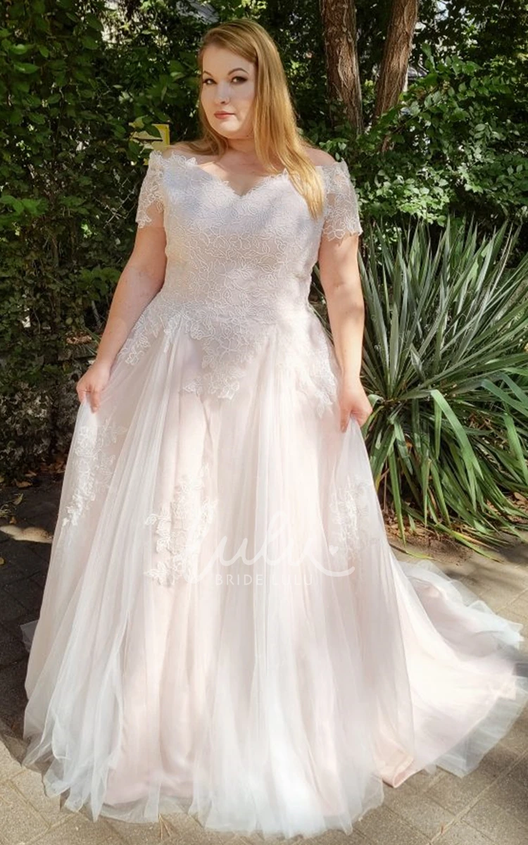 Modest Tulle A Line Wedding Dress with Off-the-shoulder and Appliques Sweep Train