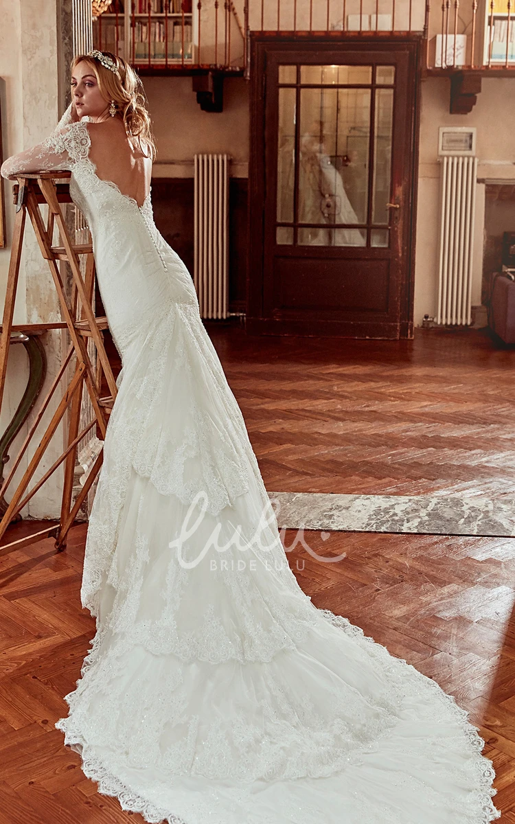 Deep-V Neck Long-Sleeve Lace Court-Train Wedding Dress with Open Back Elegant Bridal Gown