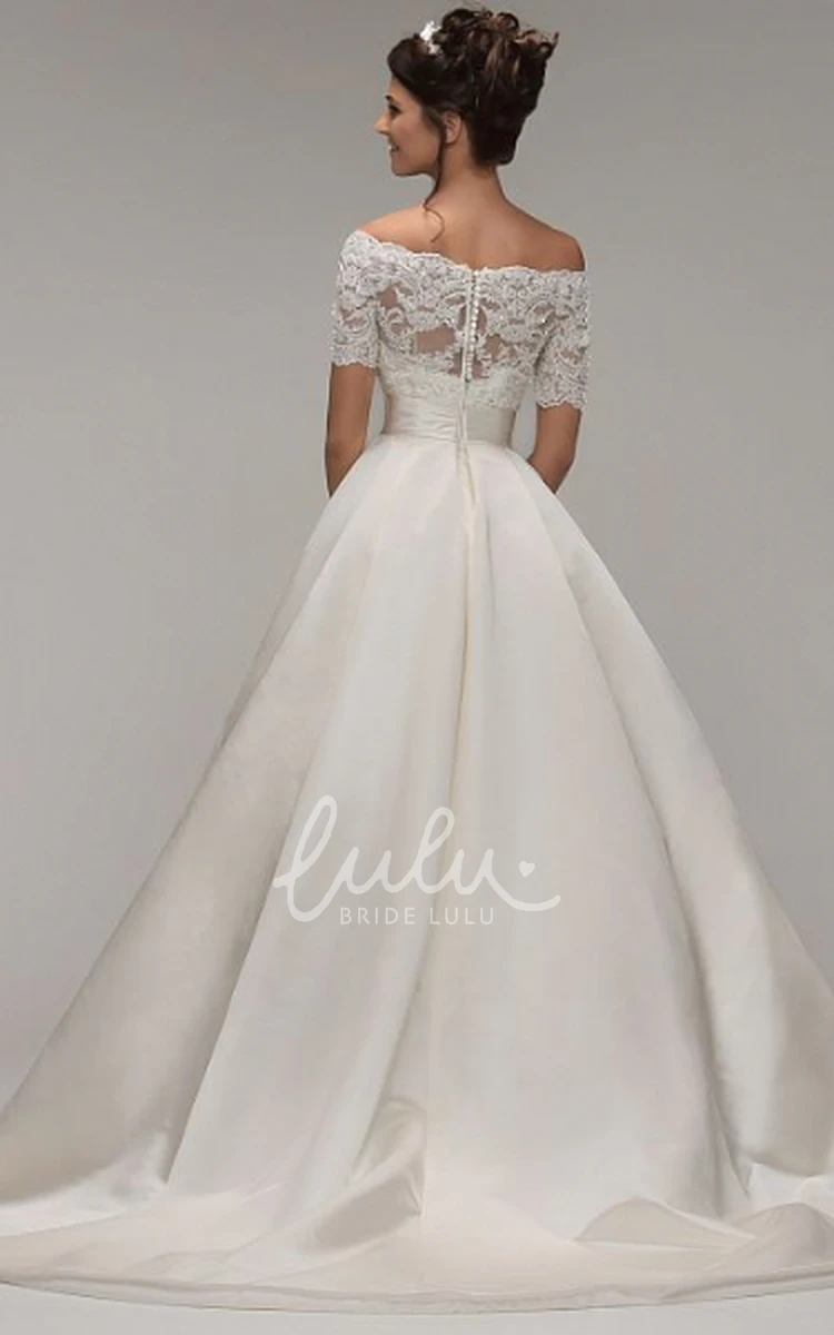 Illusion Off-The-Shoulder A-Line Satin Wedding Dress