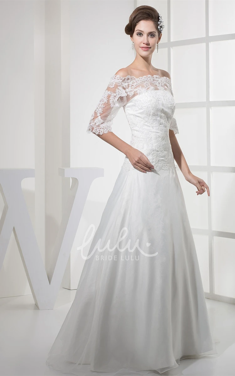 A-Line Lace Wedding Gown with Appliques Half Sleeves Off-The-Shoulder