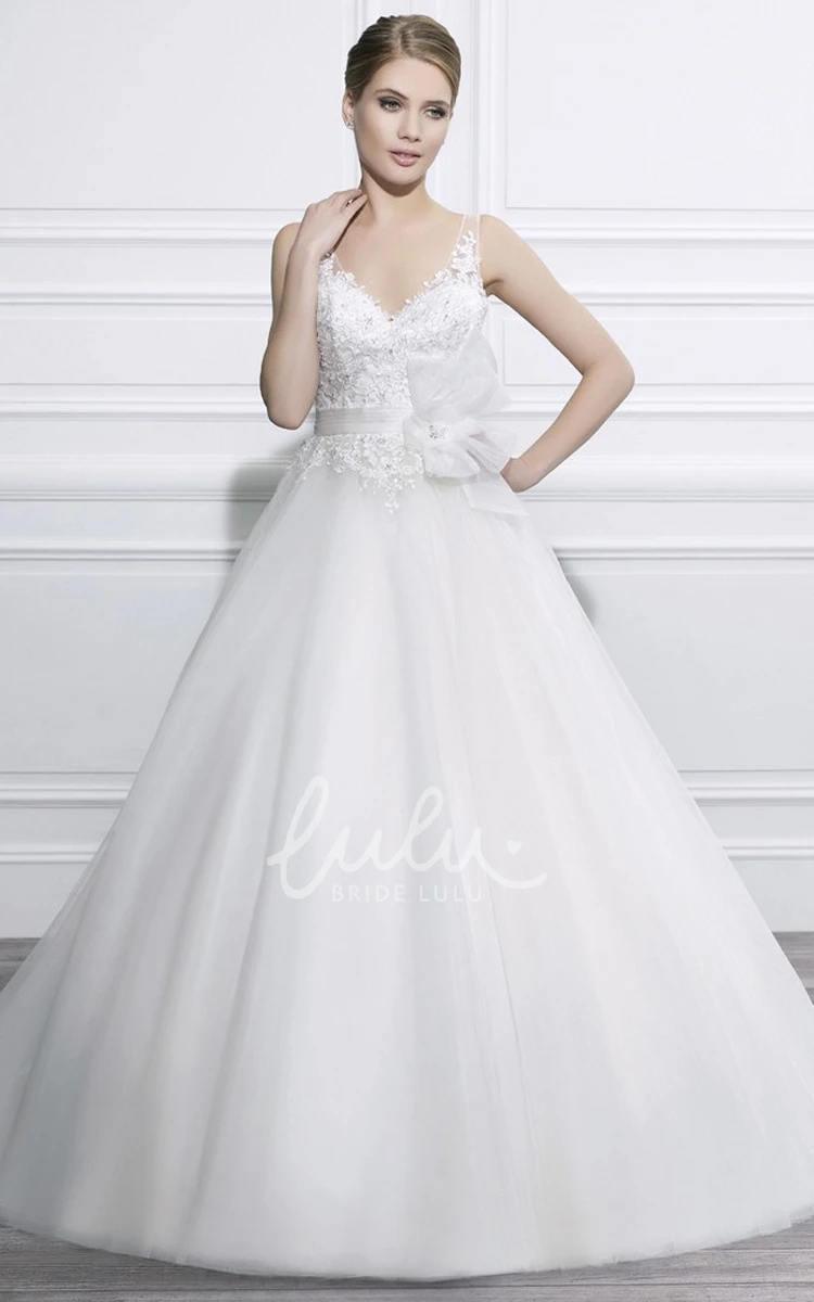 Strapless Tulle Ball Gown Wedding Dress with Appliques Flower and Low-V Back Romantic Bridal Gown