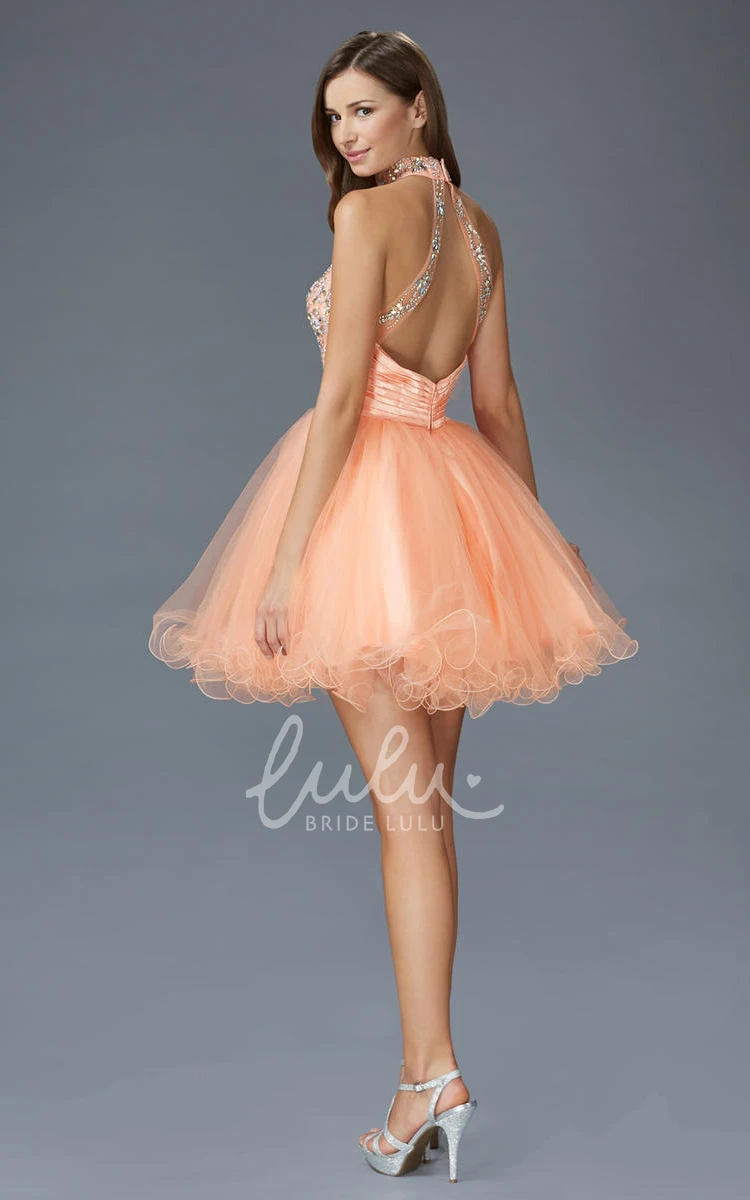 High Neck Tulle Ruffled Formal Dress with Beading