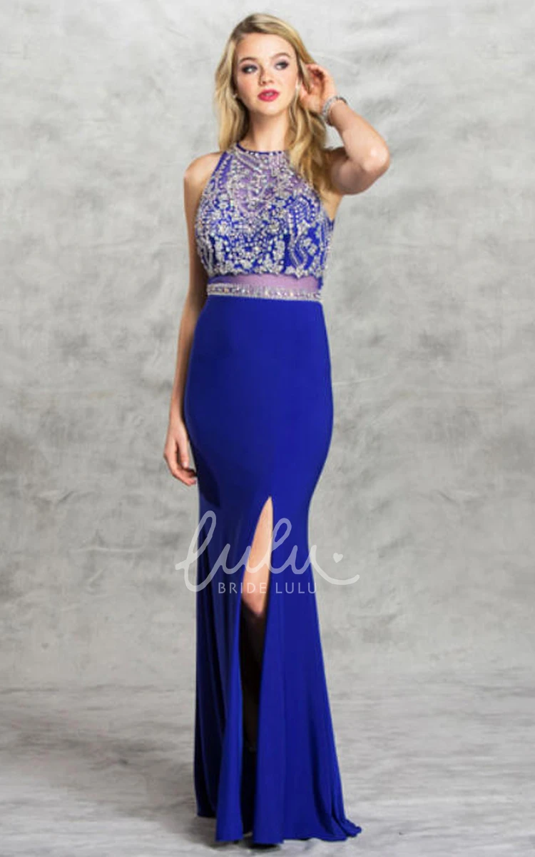 High Neck Sleeveless Jersey Formal Dress with Illusion and Beading