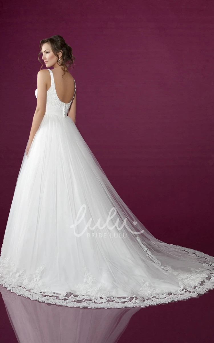 Tulle Appliqued Wedding Dress with V Back and Chapel Train Elegant Bridal Gown
