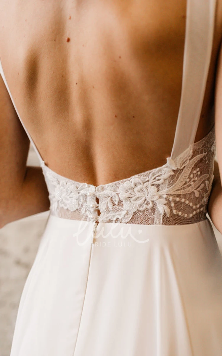 A-Line Petals V-neck Ethereal Lace Garden Wedding Dress with Open Back Floor-length