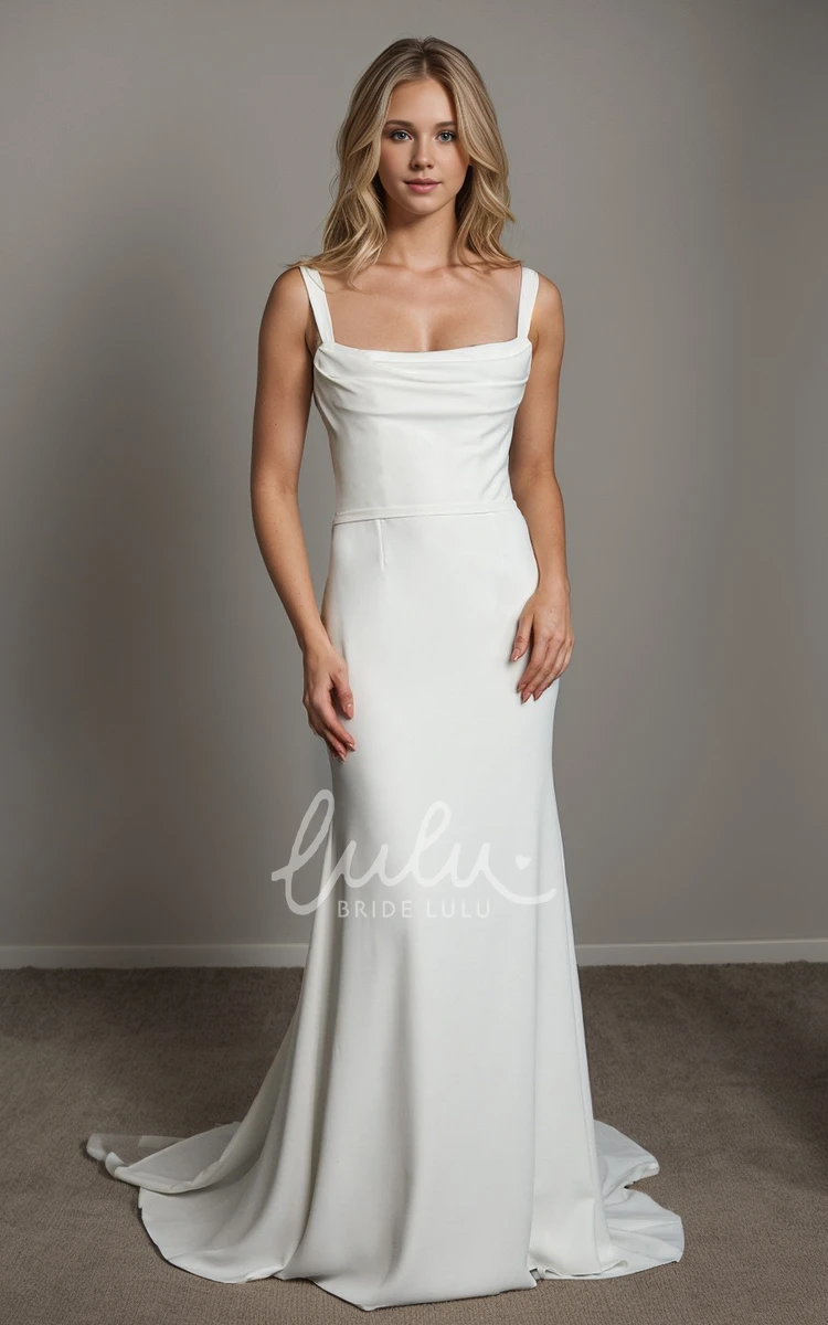 Vintage Elegant Sheath Square Neck Sleeveless Floor-length Satin Wedding Dress Simple Solid Beach Straps Ruching Backless Bridal Gown with Button Sash