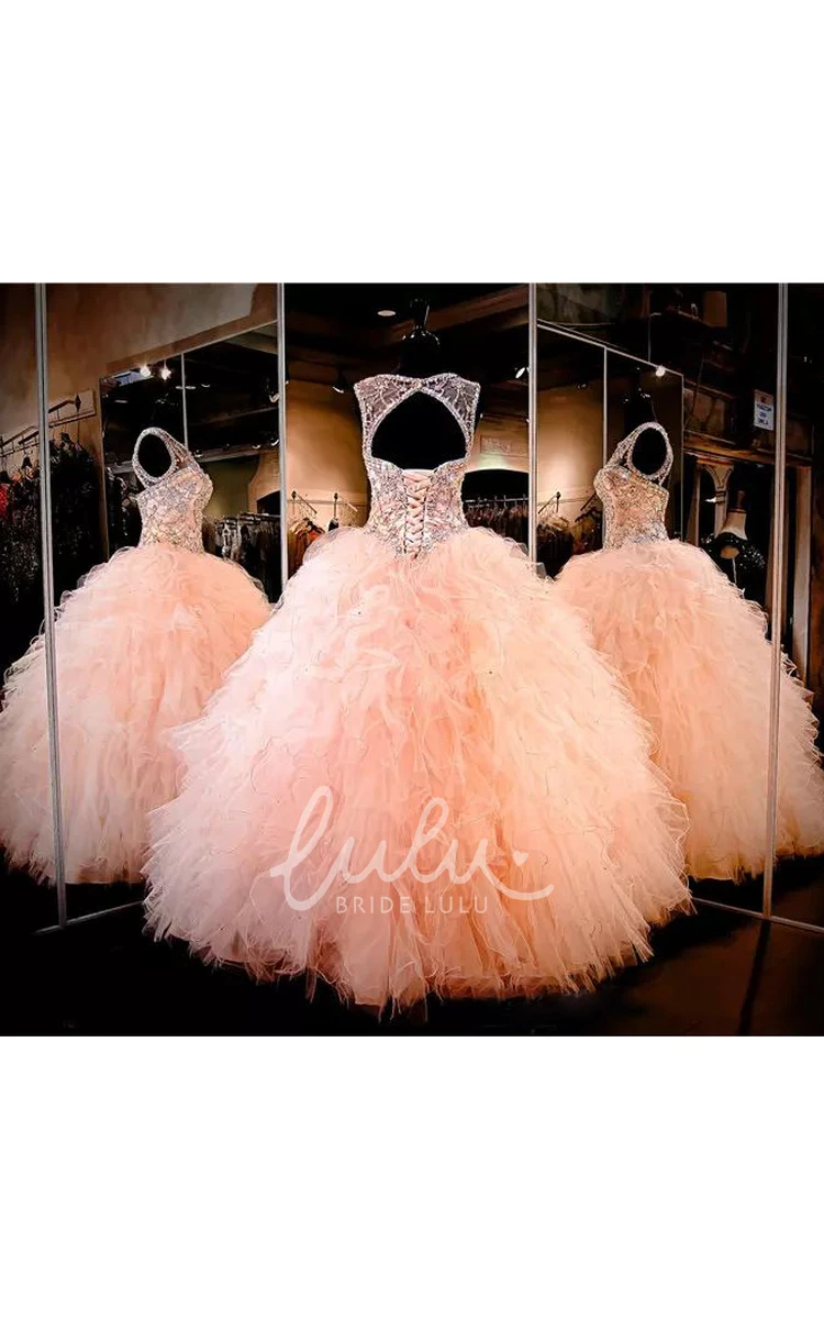 Ball Gown Tulle Prom Dress with Beading Ruching and Ruffles Jewel Style