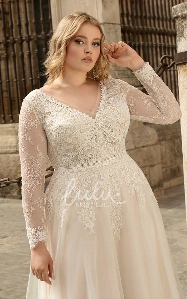 Long Sleeved V-neck A-line Wedding Dress with Court Train & Appliques Classy & Modern