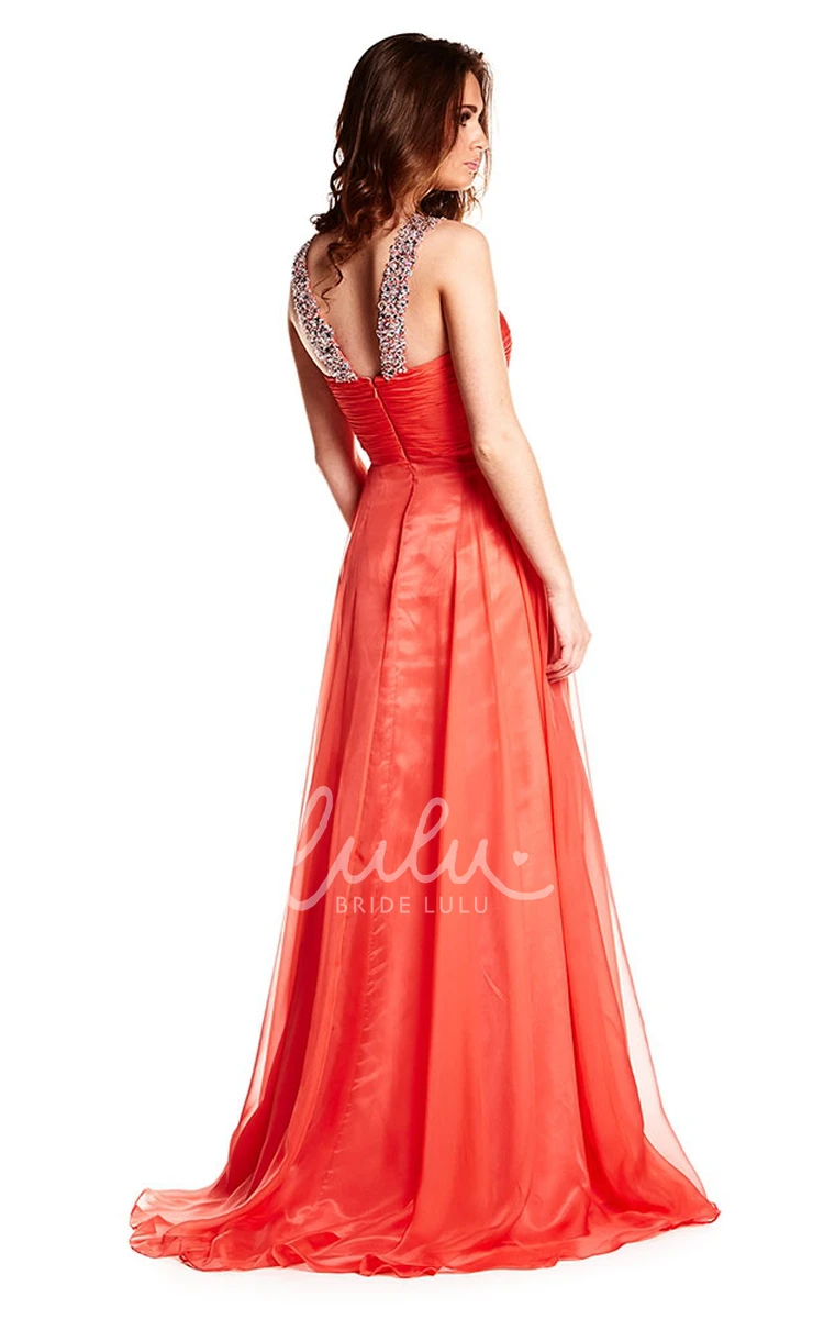 Beaded Strapped Chiffon Prom Dress Sleeveless Ruching