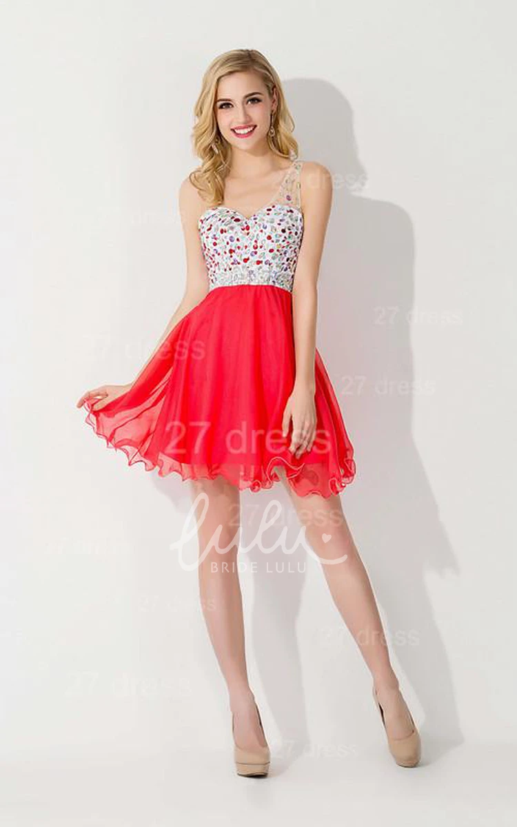 Elegant Sweetheart One-shoulder Sleeveless Short Cocktail Dress Crystals Chiffon Red Chiffon Homecoming Gown